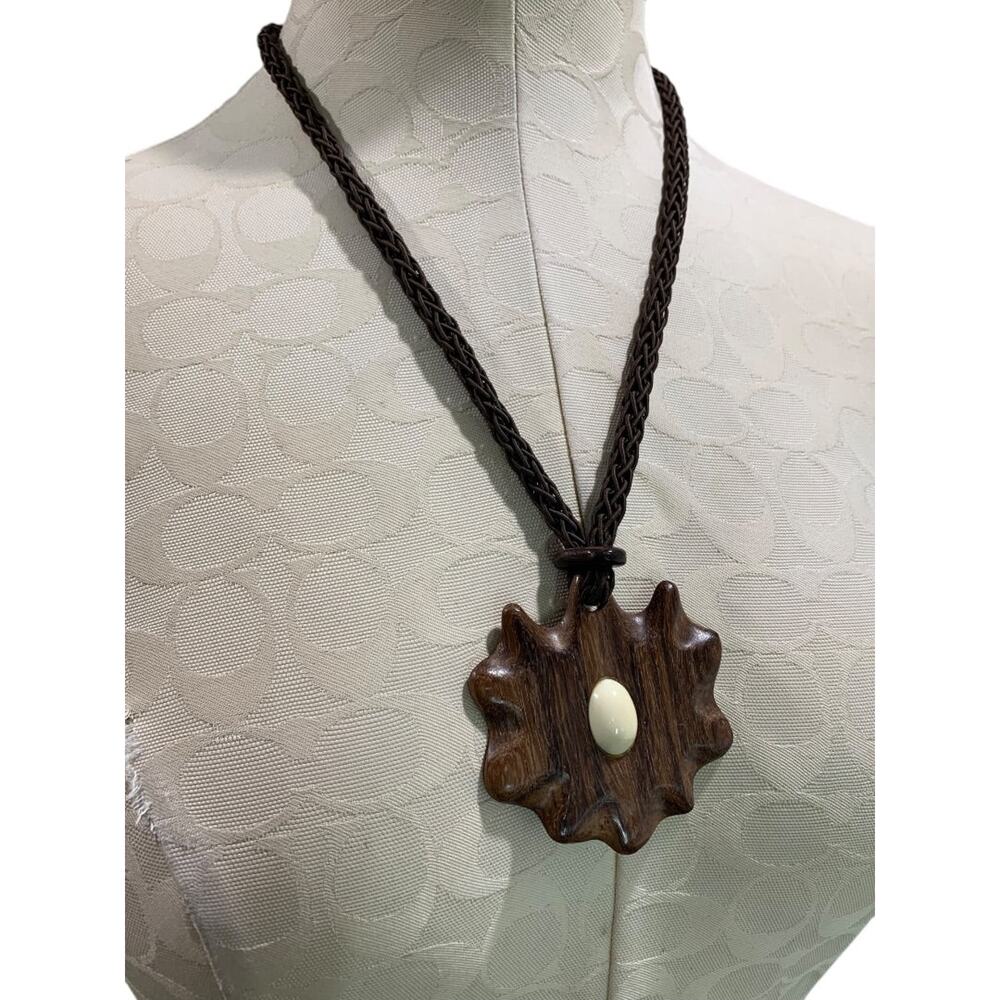 Vintage Wooden Medallion Tie Closure Necklace Statement Medallion Faux Wood